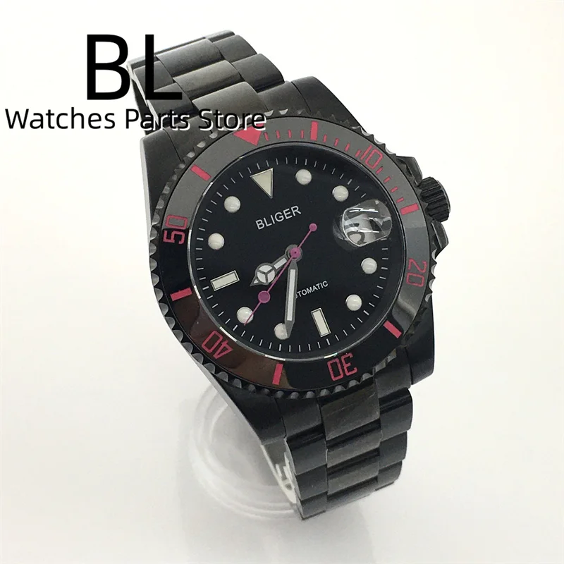 BLIGER 24 Jewels NH35A Automatic Men\'s Watch 40mm Full Black Case Sapphire Glass Black Dial Purple Pink Second Hands Waterproof