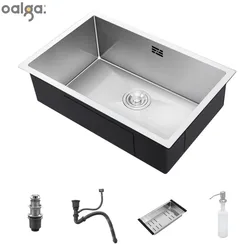 Fregadero de cocina de acero inoxidable 304, lavabo de un solo tazón, barra de borde estrecho cepillado hecho a mano, accesorios de drenaje