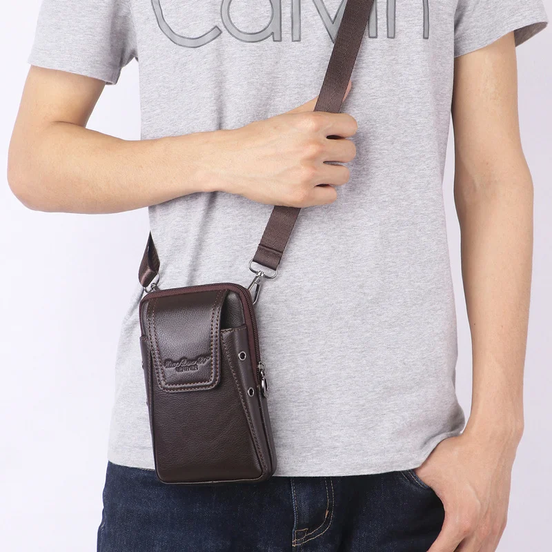 Man Shoulder Bag Small Leather Men\'s Waist Bag Multi Functional Mini Messenger Bag Mobile Phone Waist Bag Wearing Belt 6.5 Inch