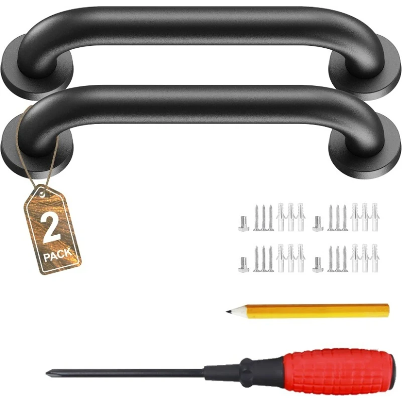 

12'' Black Matte Handrail – 304 Stainless Steel Safety Grab Bar for Stairs, Garage, Basement, Bathroom, and Porch Steps (2-Pack)