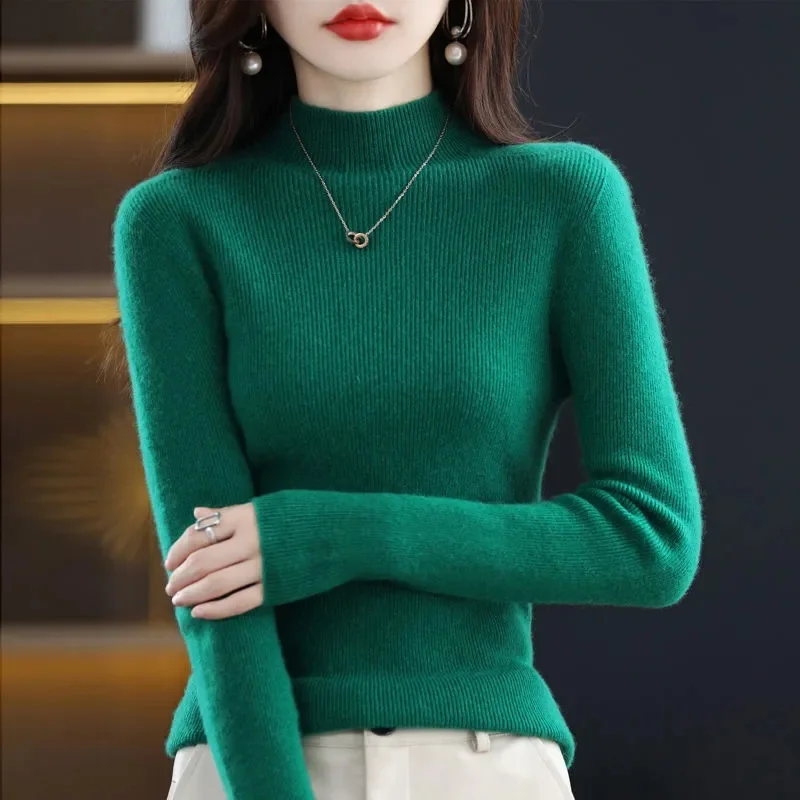 Fashion Turtleneck Wool Cashmere Women Knitted Sweater Long Sleeve Pullover Autumn Winter Clothing Jumper Top Pull Femme