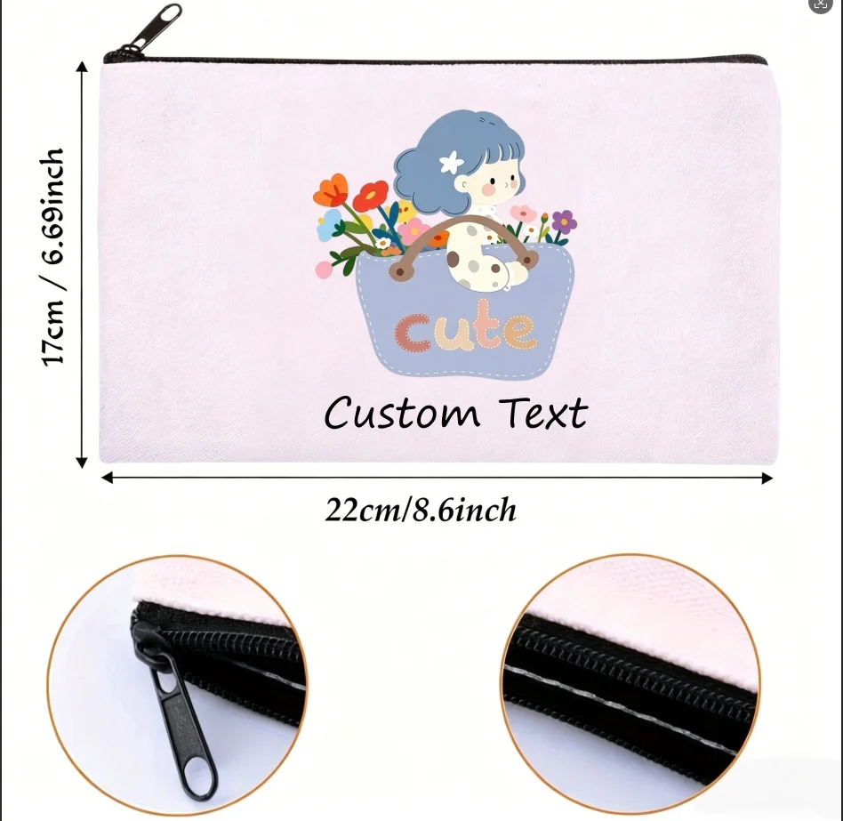 1pc Custom Text Cute Girl Flower Basket Pattern Cosmetic Bag Personalized Canvas Zipper Makeup Pouch