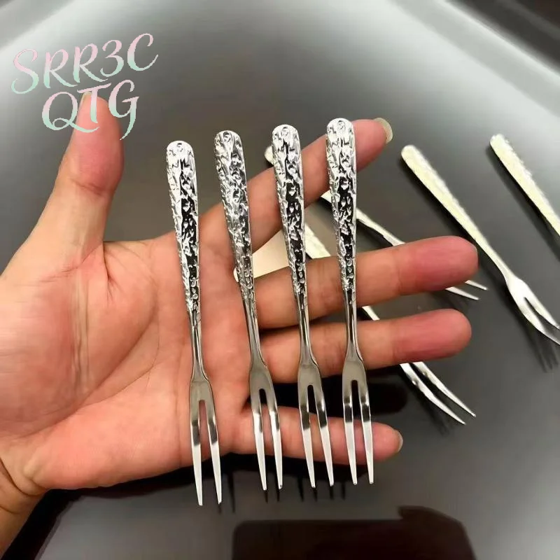 Hot Stainless Steel Fruit Forks With Hammered Textured Handle Rust Proof Finish Perfect For Afternoon Tea Daily Dessert Serving