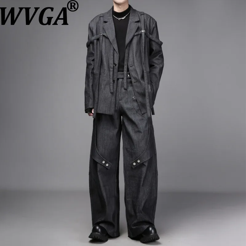 

WVGA Spring Autumn New Man Tide Dark Style Ribbon Splicing Trendy Blazers Niche Chic Casual Suit Pants Two Pieces Set Ins W14169