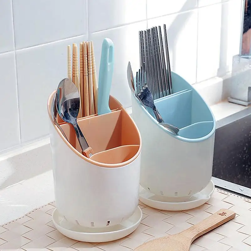 1Pcs Plastic Tableware Storage Rack With Drain Tray: Chopsticks Knife Spoon Fork Drainage Kitchen Organization