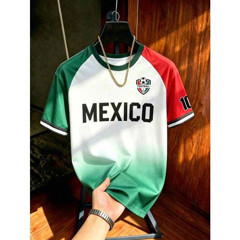 Fashion Mexico Themed Color Gradient 3D Print Raglan Sleeve Crew Neck Fan Jersey Unisex Quick Dry Soccer Casual Streetwear Top