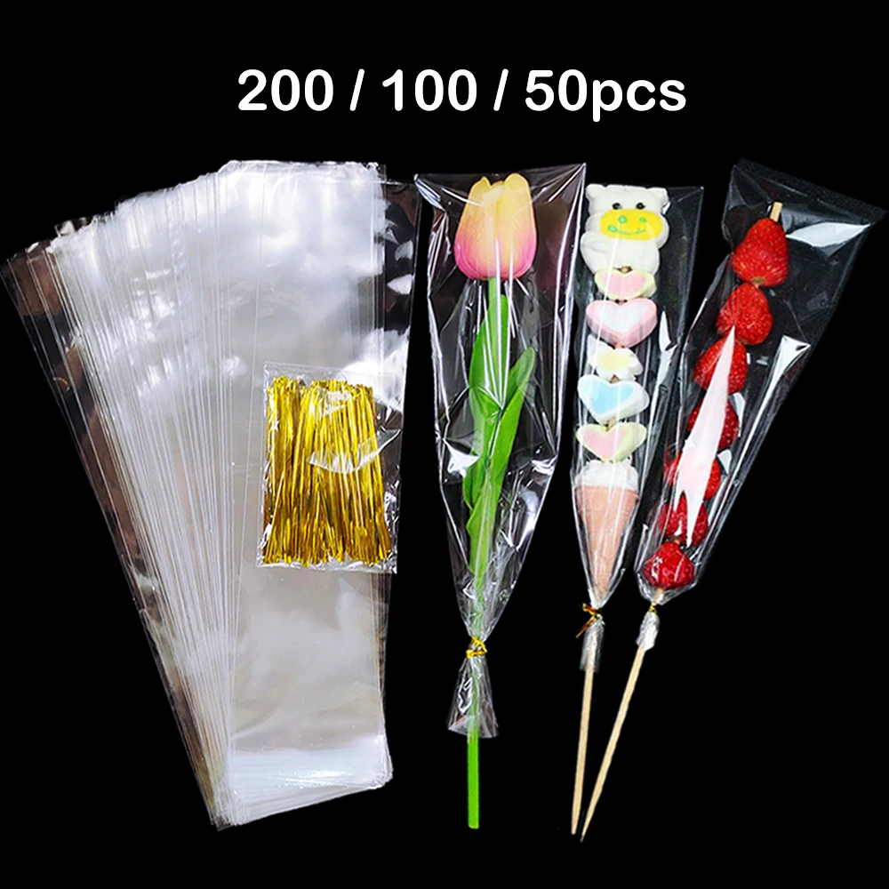 Bolsas transparentes de celofán para dulces, 50/100 Uds., plástico transparente, embalaje de pastelería para galletas dulces, bolsas de regalo, decoración de cumpleaños y boda