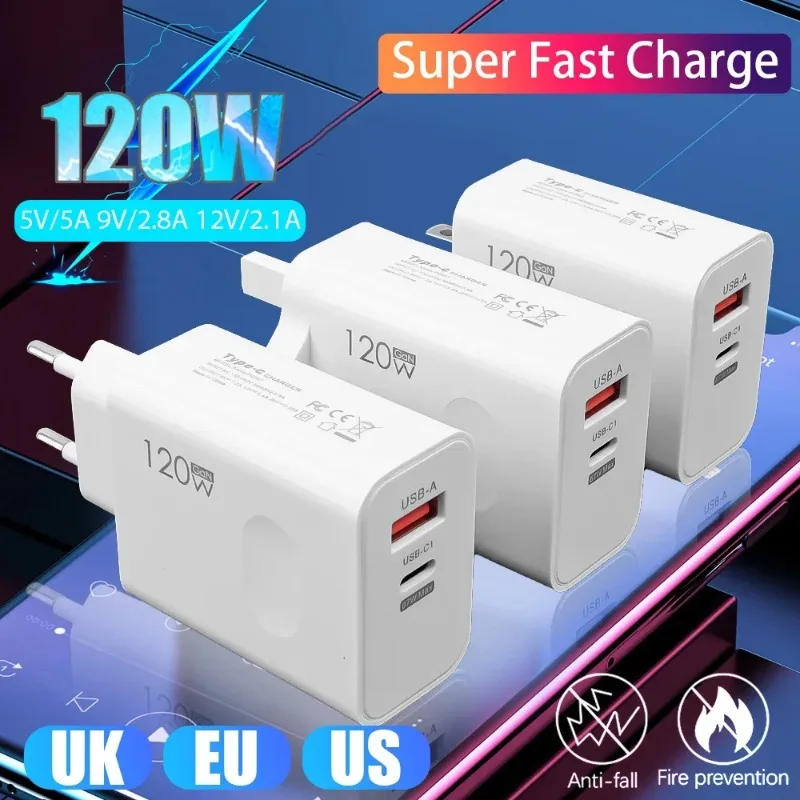 120W Fast Charger USB Type C Super Quick Charging Adapter PD USB Cable Mobile phone Charger For Samsung S25 Huawei Laptop Tablet
