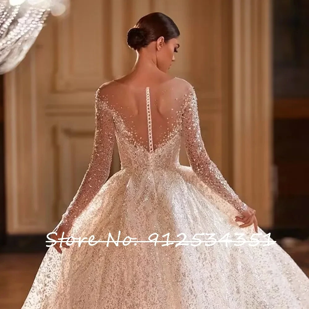 Vestidos De Novia Shining Long Sleeve Ball Gown Wedding Dress Beading Tulle Luxury Hochzeitskleid Button Back Gorgeous Trouwjurk