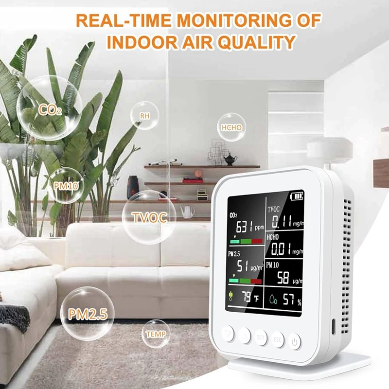 Monitor intelligente della qualità dell'aria 7 in 1 con PM2.5, rilevatore di CO2 con allarme, sensori di temperatura e umidità, display a LED