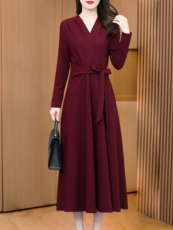 Ele Red V-ne スリミング ロング Sve Dr レディース ファイオン ハイウエスト A ライン スカート 韓国 Sle 通勤 秋 新着