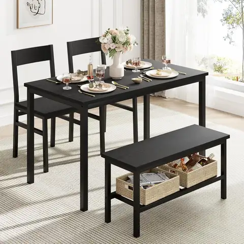 Juego de mesa de comedor para el hogar para 4 con banco, juego de mesa de comedor con estantes de almacenamiento para decoración de comedor de apartamento pequeño