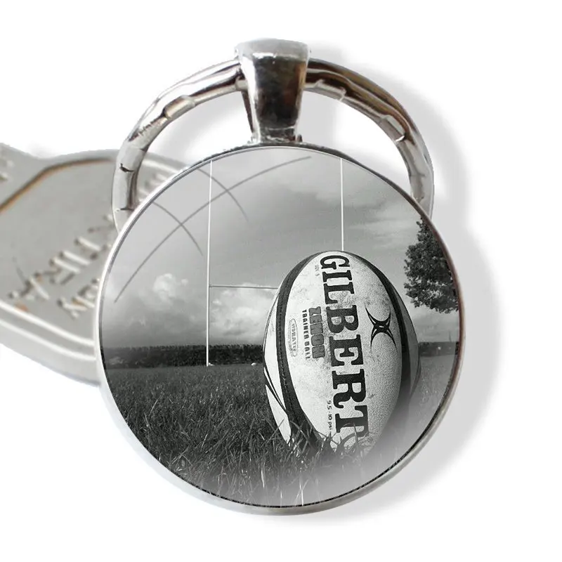 Rugby Ball Sport Keychain Handmade Glass Cabochon Key Ring Holder Pendant Key Chains