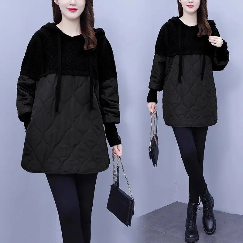 2023 Autumn Winter Women\'s Large Size Quilted Sweater Jacket Loose Fashion Versatile Knitted Splice Thickened Bottom Shirt z2983