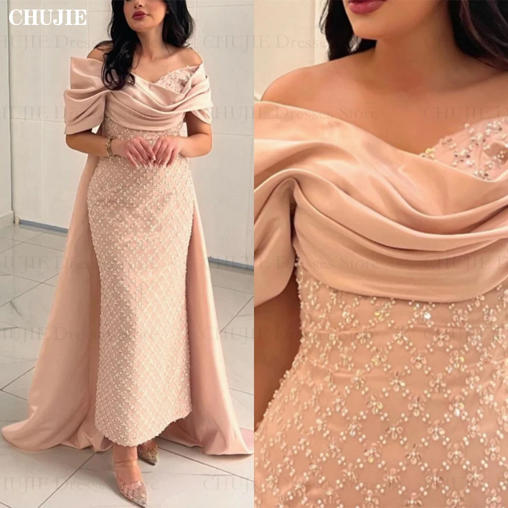 Elegant Saudi Araba Dubai Off Shoulder Formal Evening Prom Dresses Floor Length Sequin Short Sleeves Prom Parry Gowns حزب اللباس image 5