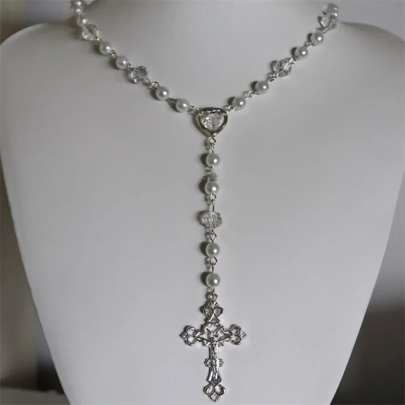 Victoria Handmade Pearl Necklace  Imitation White Crystal Beads Pearl Rosary Style Long Necklace Adjustable Gothic Cross