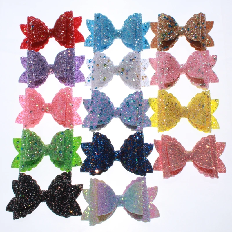 

200PCS 8.5CM Boutique Glitter Synthetic Leather Hair Bow For Hair Clip Messy Sequin Bow Knot ForGirl Hairgrips Hair Accessories