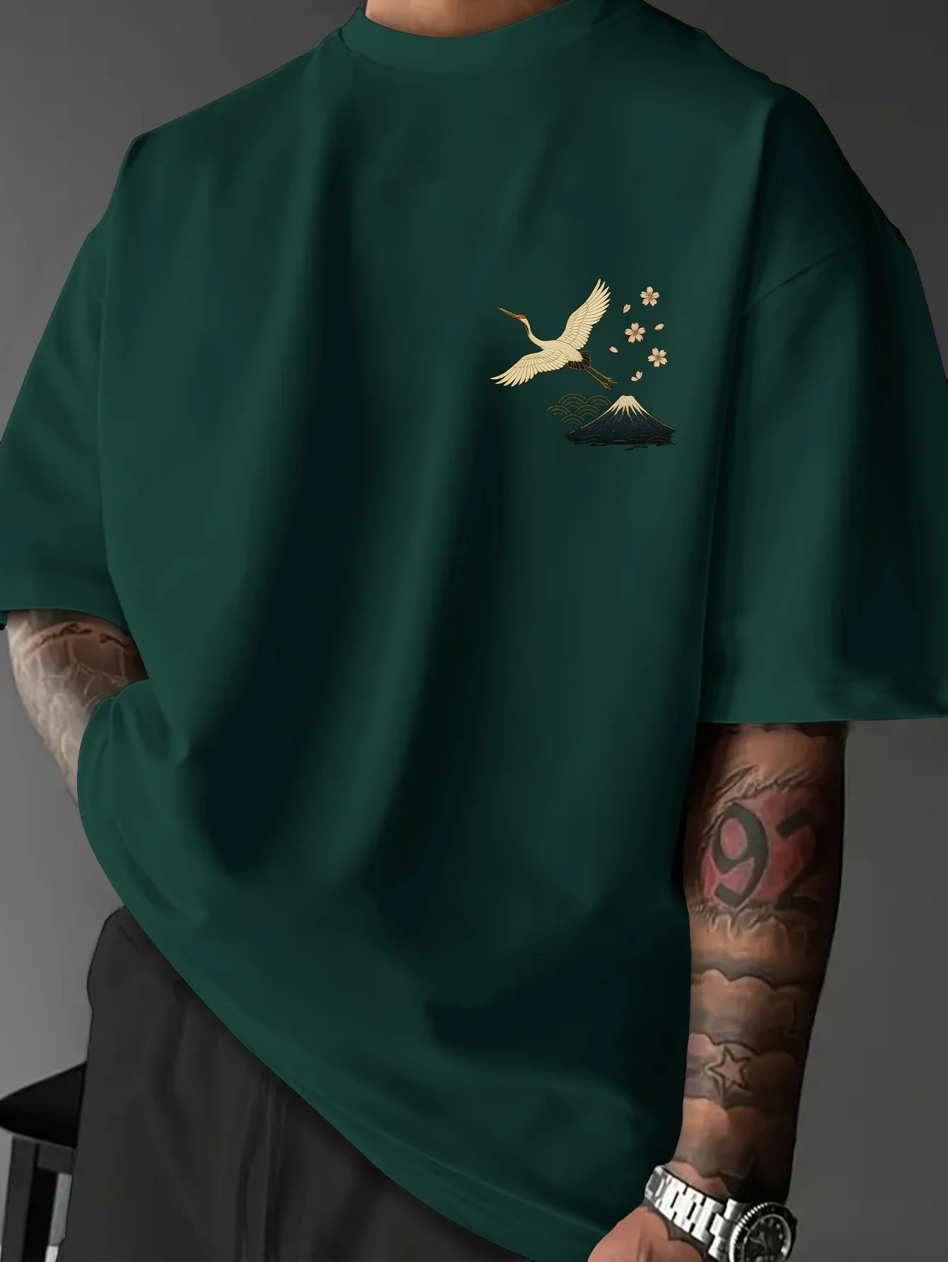 Men's Summer New Japanese Printed T-shirt with Wave Crane 