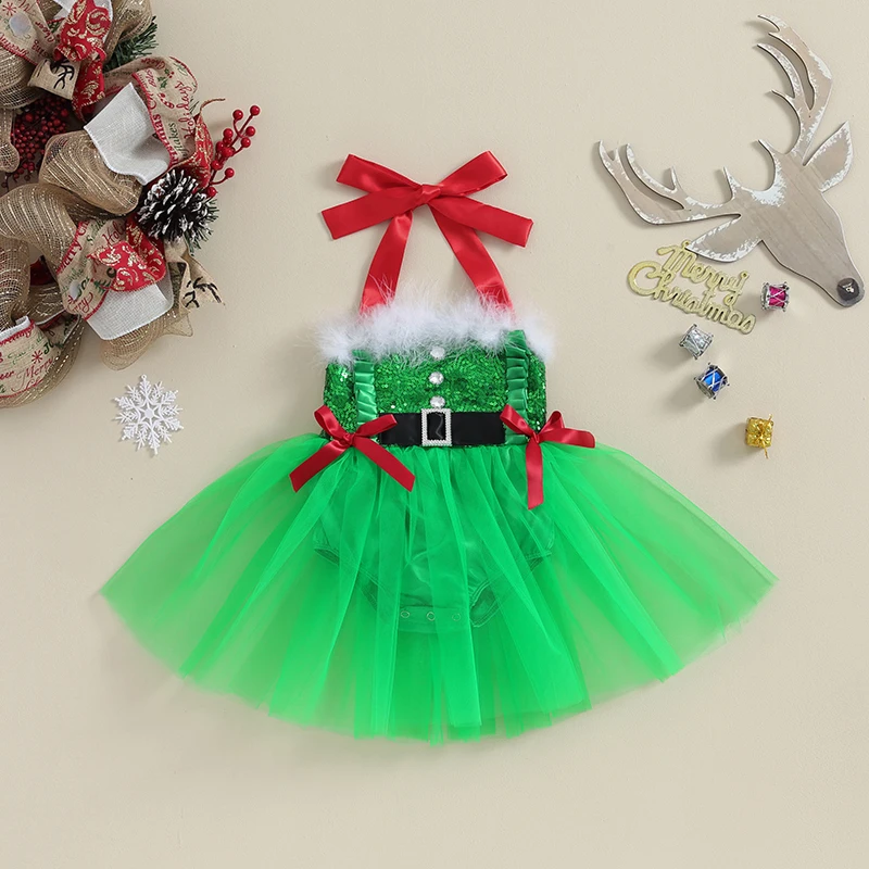 Baby Girls Christmas Romper Dress Bow Halter Neck Tulle Bodysuit Newborn Sleeveless Sequin Jumpsuit Party Dress