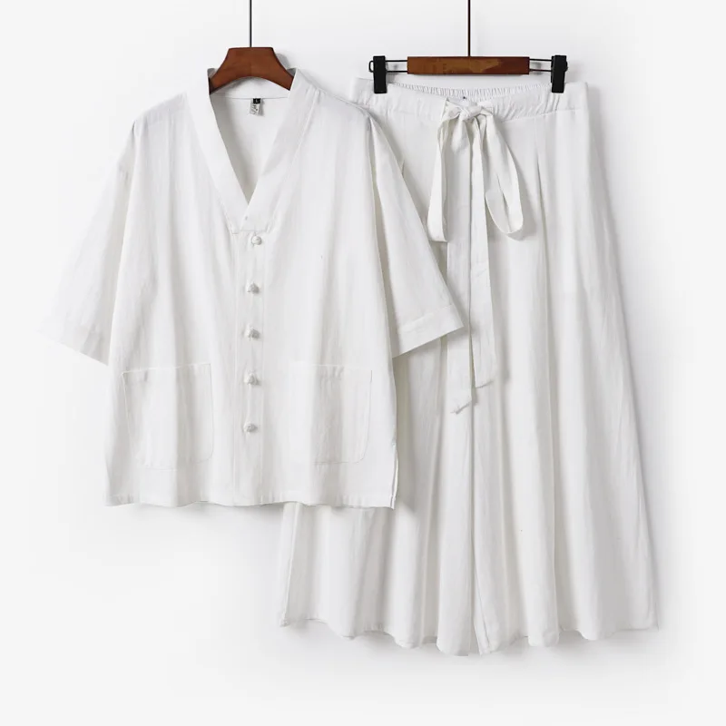 

2026 Men's Summer Cotton Linen Two Pieces Sets Lace-up Kimono Tops Pants Summer Casual Suit Male Hanfu Tang Suit Plus Size