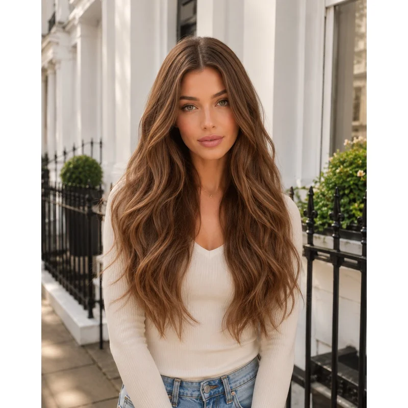 22 Inch Brown Lace Front Wig Long Wavy Synthetic Hair Natural Hairline Women Wig