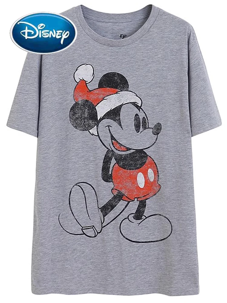 Disney Mickey Mouse Merry Christmas Cartoon Print T-Shirt Fashion Women Short Sleeve O-Neck Tee Top Femme Gray Streetwear Female