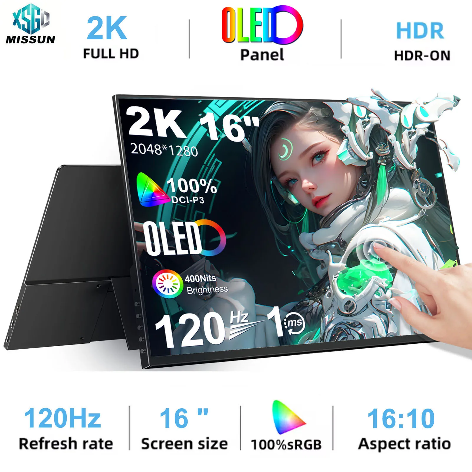 MISSUN 16.0" 2K OLED Screen Portable Monitor 100% DCI-P3 Display 1MS Eye Care PC 120hz For Laptop Mac NUC Mini PC VESA LS Stand