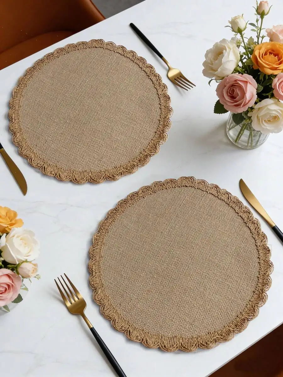 SGIAWETA-4pcs Round Linen & Burlap Placemats, Vintage Rustic Decor Round Tasseled Placemats, Pot Holders, Heat Resistant Kitchen & Dining Table Mats, Wedding Tablecloth, Home Decor, Suitable For Weddings, Parties, Family Gatherings-birthdaygift view 6