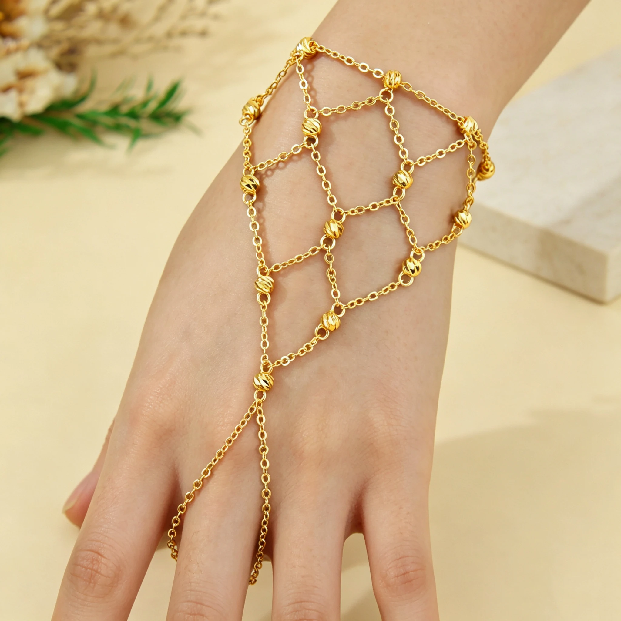Arabisches Mode-Münzarmband 21k Vergoldet Dubai Elegante Braut-Quasten-Handketten mit Ring Türkischer Hochzeitsschmuck für Frauen – Detail 3