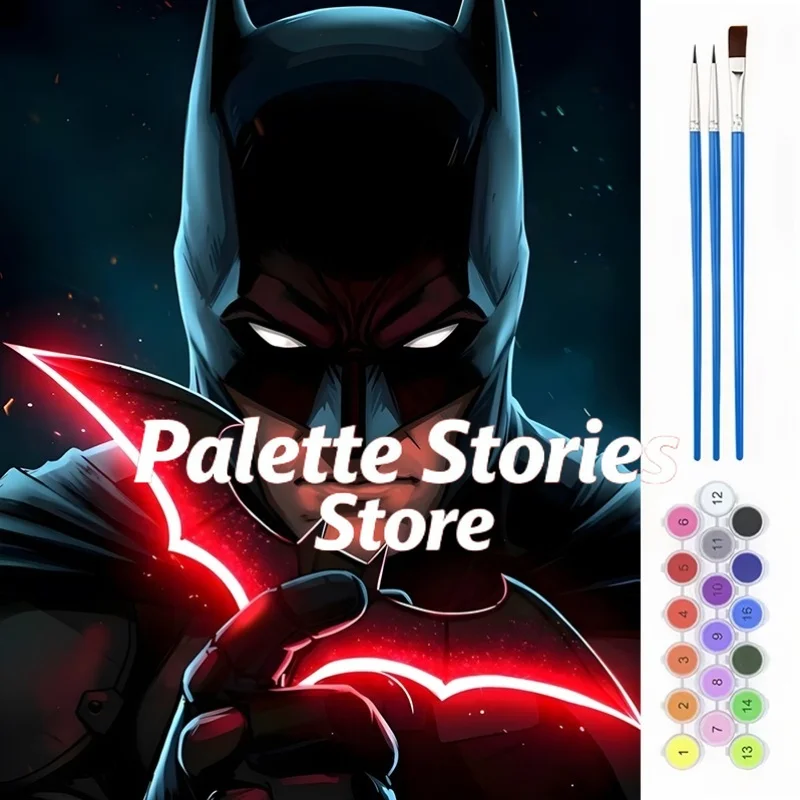 Cuadro sin Marco para Uso Artístico Profesional (Batman) con Icono de la Señal de Batman en el Pecho Rojo Brillante, Diseño Plano 2D, Pintura Digital para Adultos