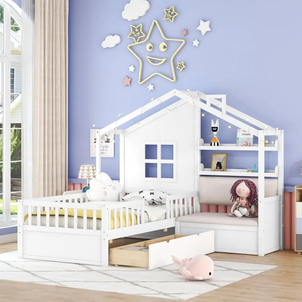 

Kids Twin House Bed Frame with Upholstered Sofa and 2 Drawers, Wood Montessori Bed with Storage Shelves and Tall Rails, L Shaped