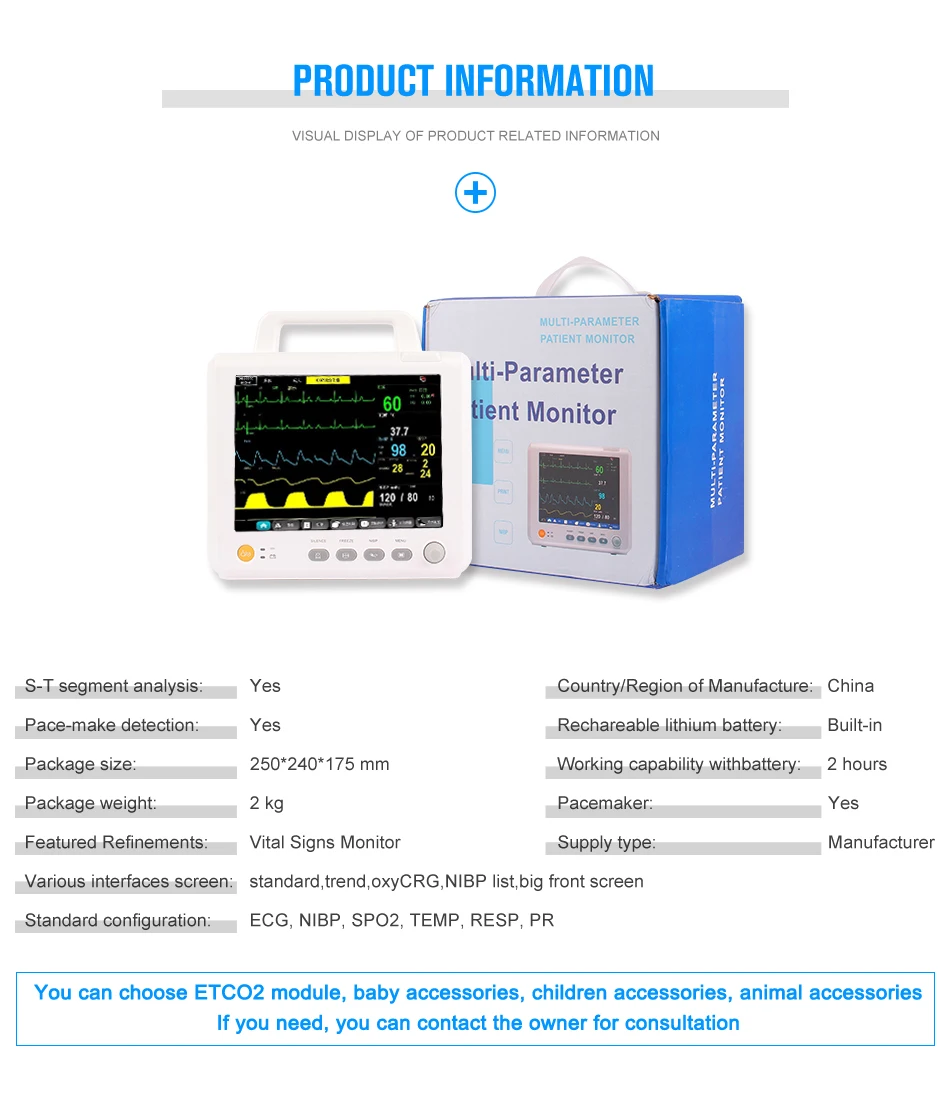 Patient Montor Veterinary Monitor 8 inch screen portable capnograph ETCO2 IBP Montior capnograph Animal