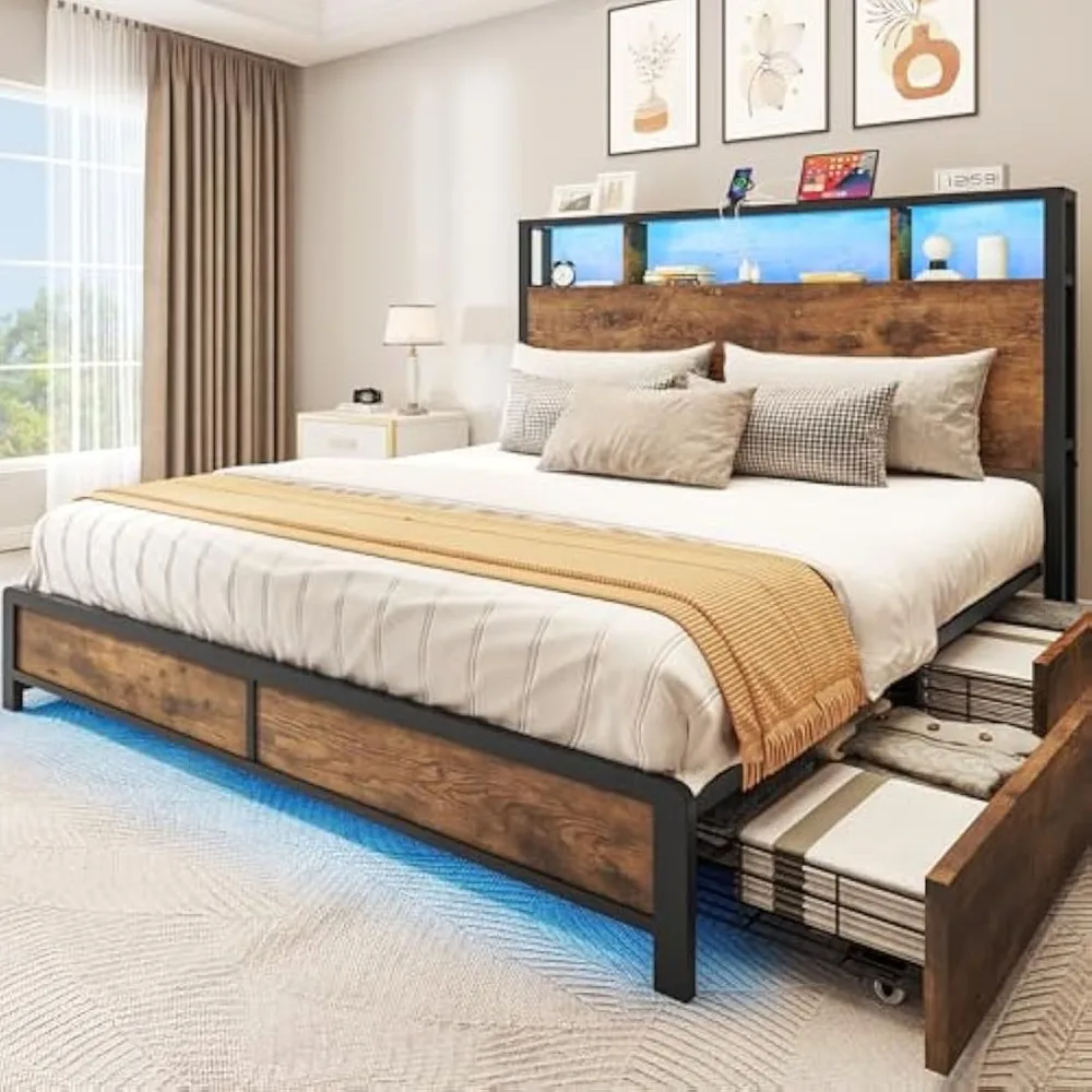 

YITAHOME Queen Bed Frame with 4 Storage Drawers and Headboard, LED Lights and Charging Station with Metal Platform Bed Frame, No