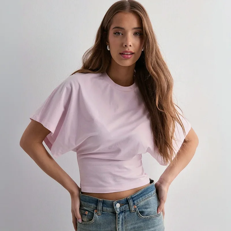 

Fashion Casual Solid Gray Cropped T-shirt Clothes O-neck Corset Tops Streetwear Girls Spring Summer Short Tee ShirtsFrench style