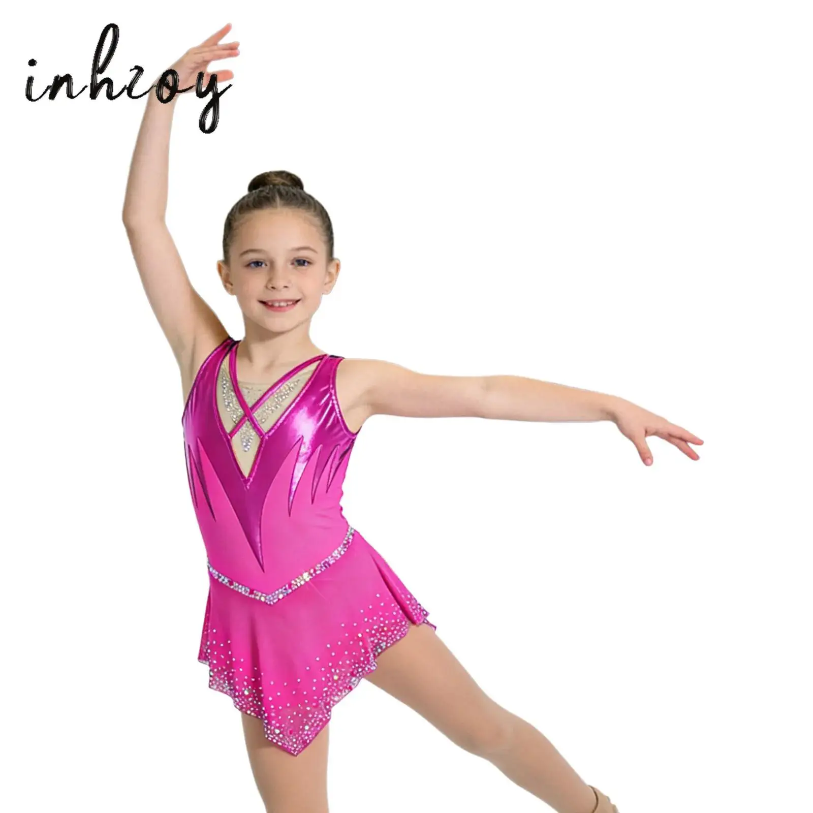 

Kids Girls Ballet Dancewear Rhythmic Gymnastics Leotard Dress Rhinestones Figure Skating Rumba Latin Dance Cha-Cha Performance