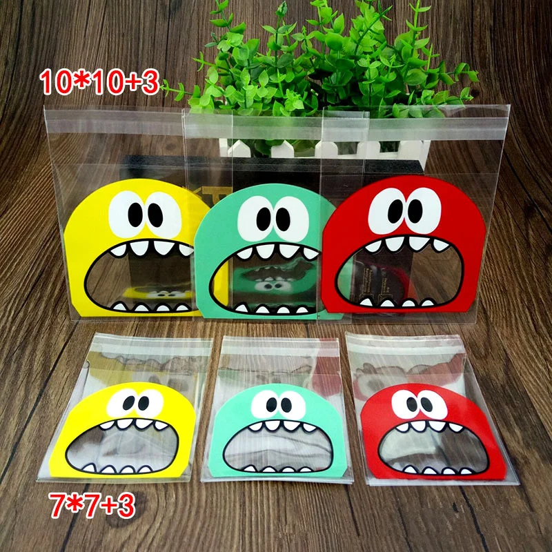 50pcs 7/10cm Cute Small Monster Sharp Teeth Baking Cookie Candy Plastic Bag Gift Packaging Bags OPP Self-Adhesive Bag