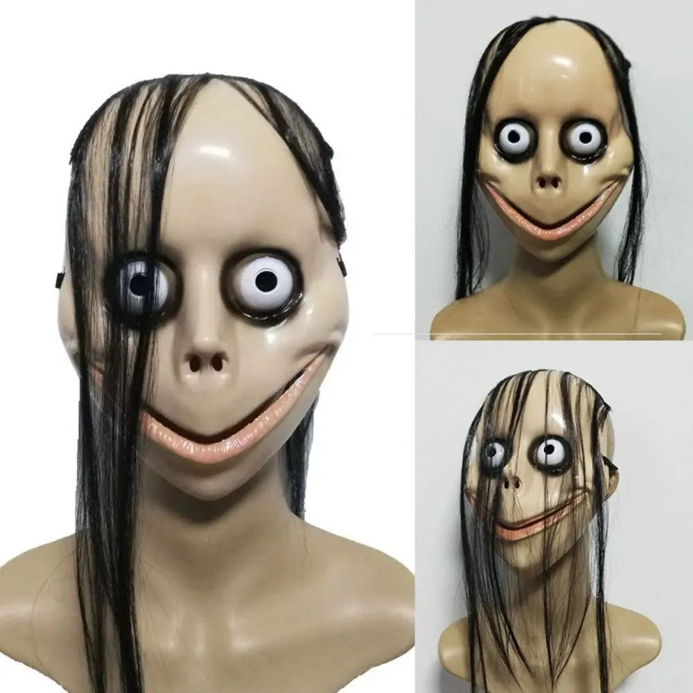 Halloween MO MO Mask With Long Hair Big Eyes V-shaped Mouth Mask Party Costume Props Horror Ghost Female Ghost Mask