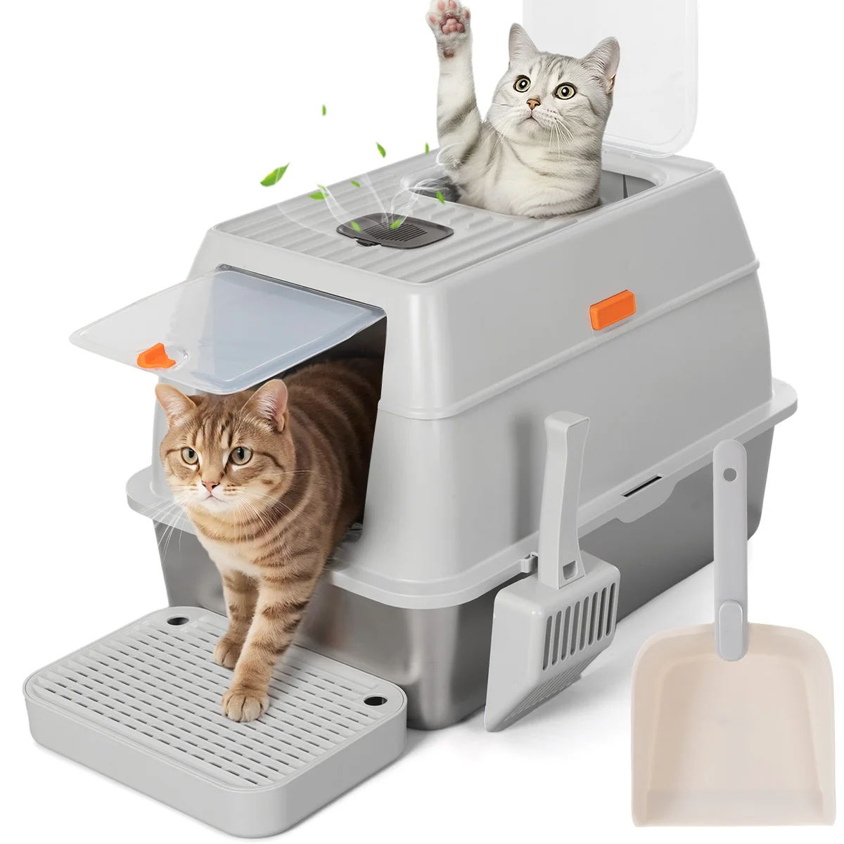 

Extra-Large Enclosed Stainless Steel Cat Litter Box Front-Entry Top-Discharge Litter Box with Drawer & Shovel for Large Cats