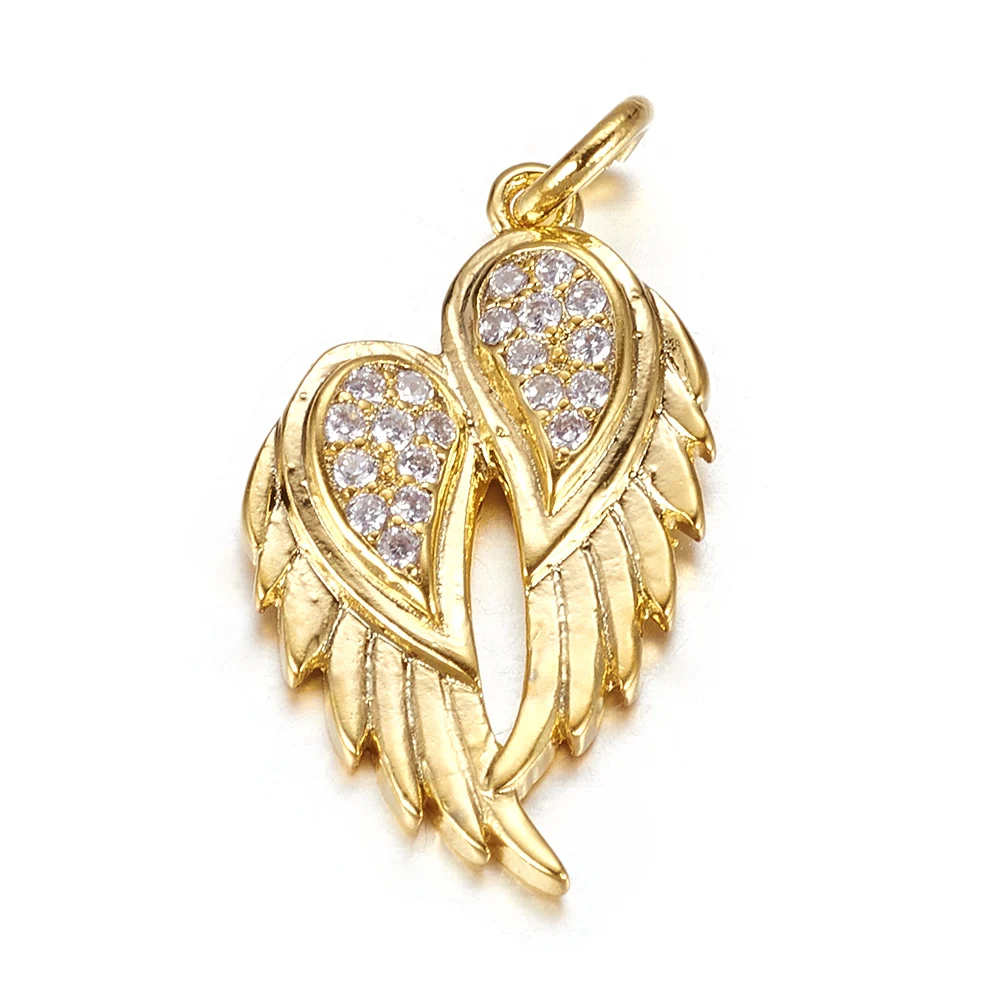 Pandahall 1 Pc Gold Color Wing Brass Micro Pave CZ Cubic Zirconia Pendants Metal Charm with Wing For Necklace Jewelry Making