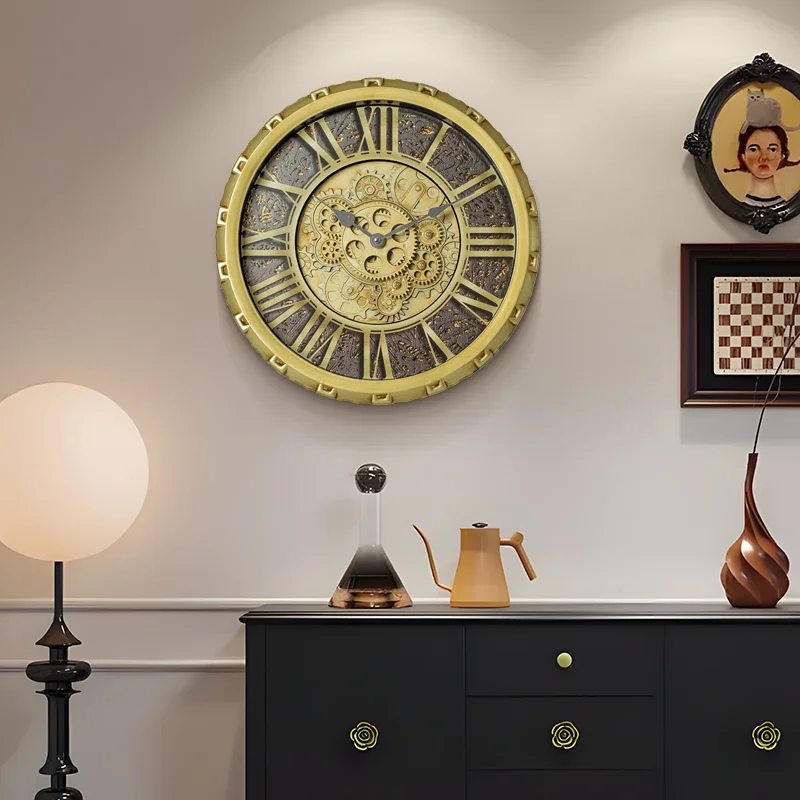 TIMESS 15/18inch Vintage Gear Wall Clock Industrial Decorative Silent Wall Clock World Map Roman Numeral Large Wall Clock