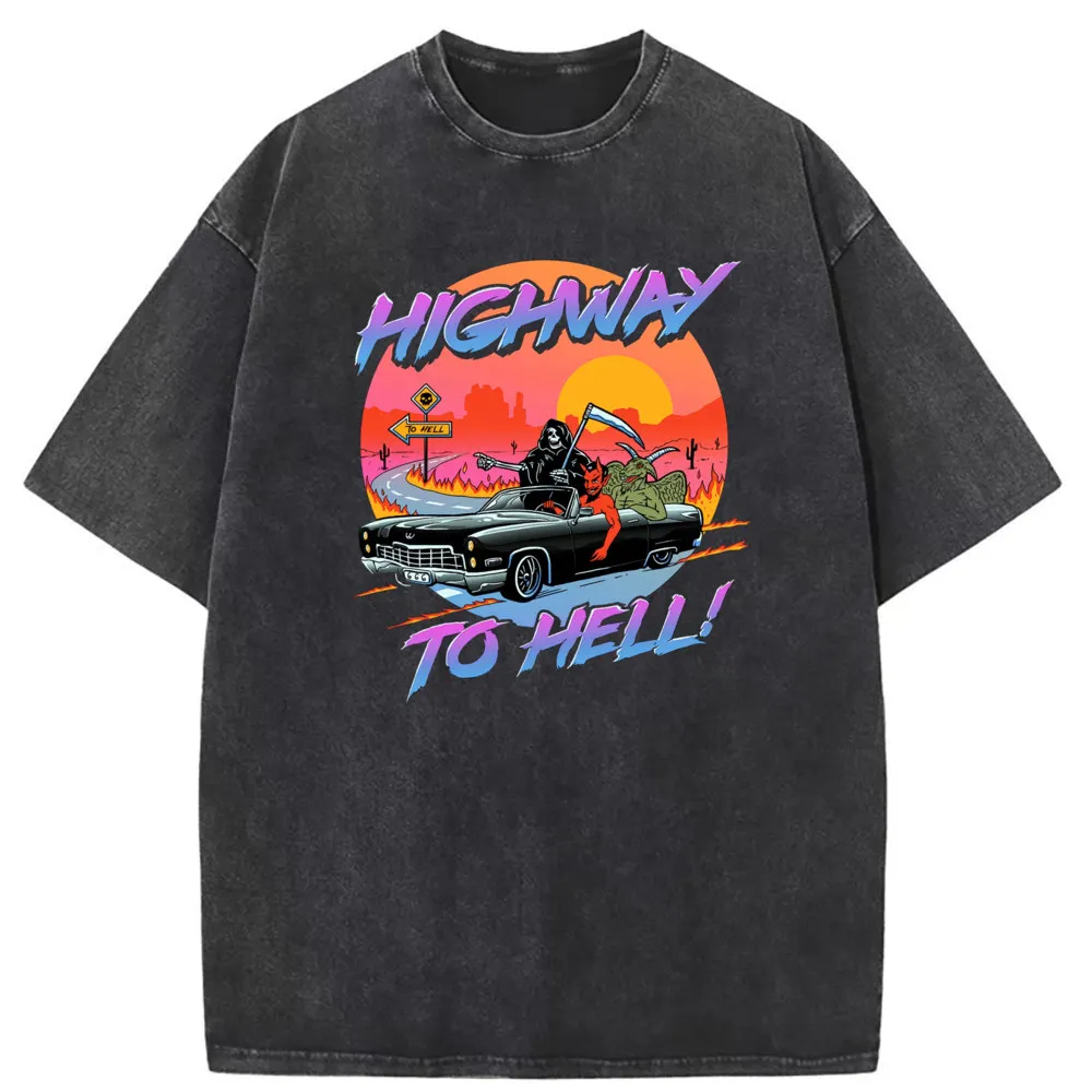 

Highway To Hell Women T Shirt Halloween Skull Demon Rretro Washed Tshirt Brand Beach Sweatshirts Print Long Sleeve Clothing