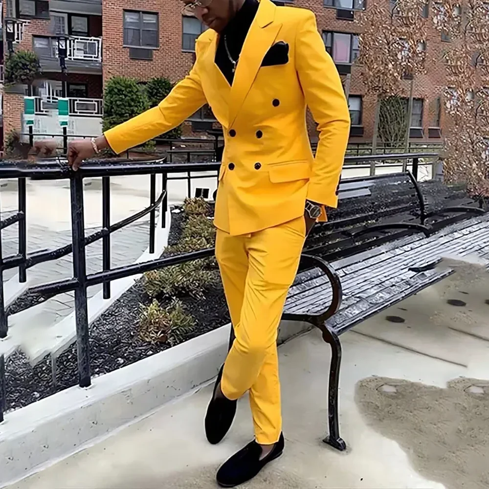 

Yellow Men's Suits Fashion Peak Lapel Double Breasted 2 Piece Jacket Pants Male Clothing Prom Formal Dinner Party Casual Outfits