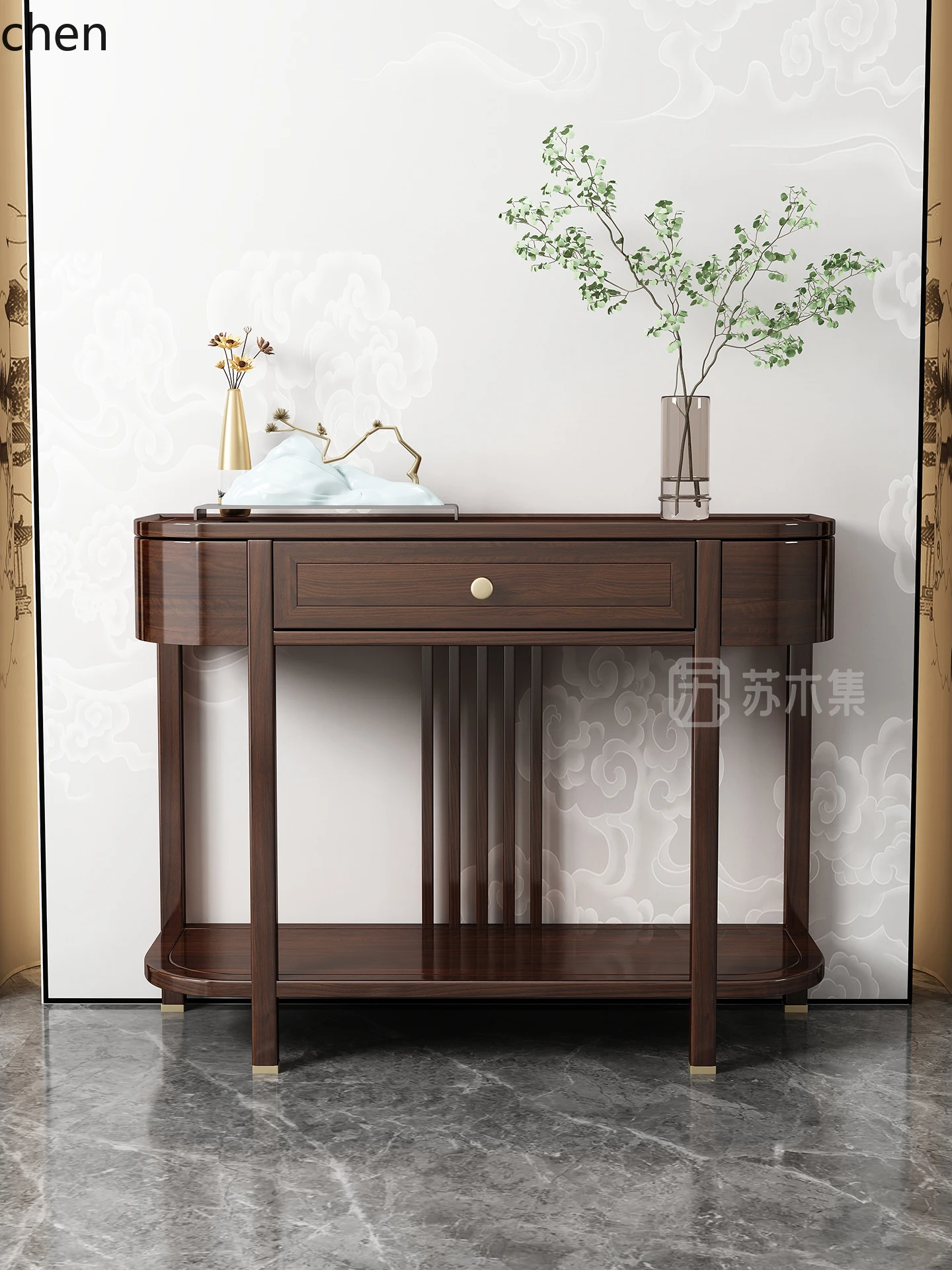 

YXY Entrance Black Walnut Wood Strip Case Solid Wood Semi-Circular Entrance Table Entryway Opposite