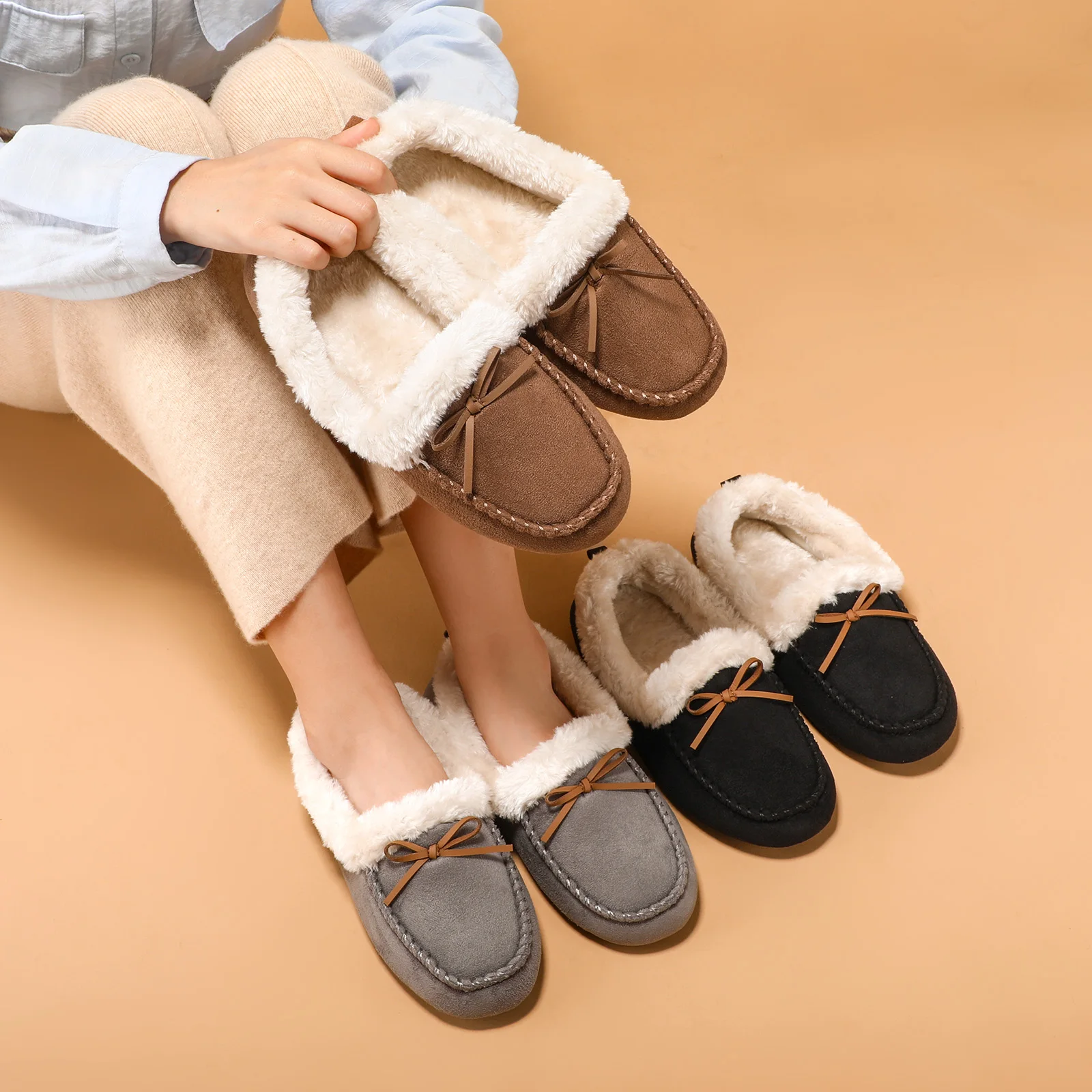 Women's solid color home slippers, household plush slippers, anti-skid and warm slippers