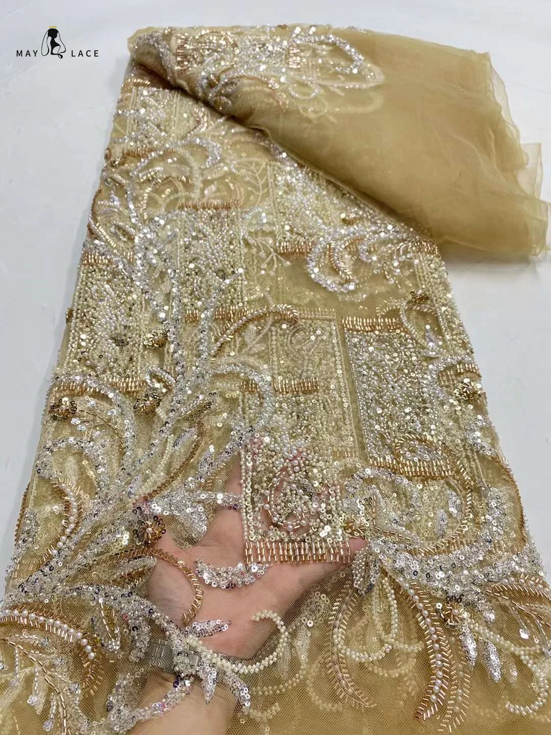 

Gold African Groom Sequins Lace Fabric High Quality 2024 Heavy Beads Embroidery French Tulle Lace For Nigerian Wedding Dresses