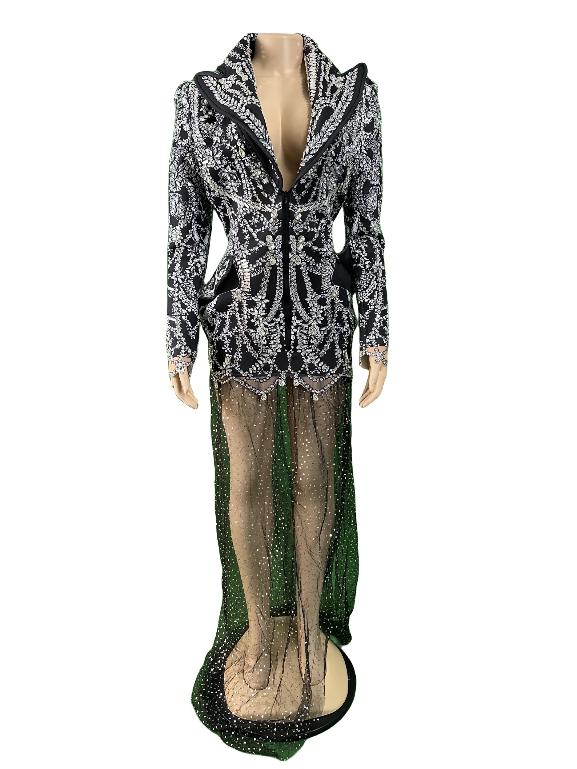 

Women Black Deep V Neck Rhinestone Dress Birthday Nightclub Evening Stage Wear Sparkly Singer Drag Queen Costume