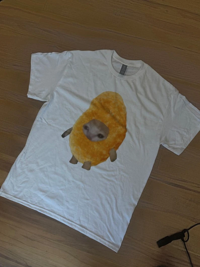 Cute Meme Cat Chicken Nugget Tee Shirt, Unisex Cotton Crew Neck T-Shirt, Opium Y2K Fashion Streetwear Men Women