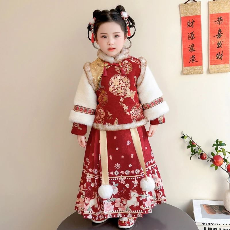 

Baby Girls Winter New Warm Hanfu Quilted Dress Kids Ancient Fairy Costume Kids Tang Suit Set 2026 Chinese New Year Clothes