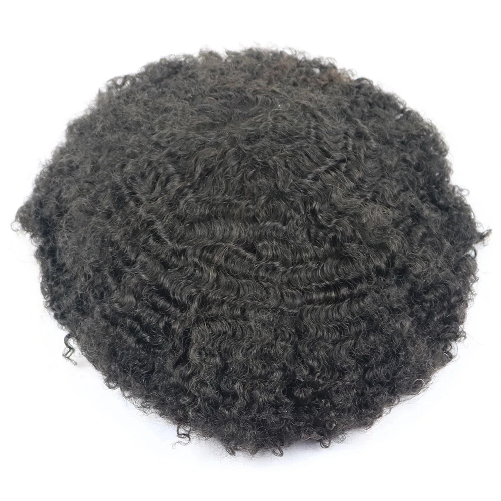 Postiches afro noires de jais pour hommes, perruque 100% cheveux humains, base en peau durable, toupet, vague profonde, prothèse complète du système PU, #1, 6mm, 10mm, 8mm