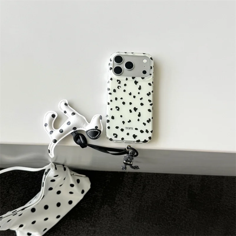 Kawaii Heart Leopard Pattern Clear Phone Case For iPhone 15 16 17 Pro Max With Dalmatian Dog Charm Shockproof Protective Case